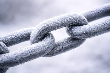 Frost-Covered Metal Chain Links, Winter Close-Up Detail