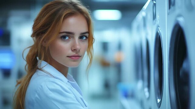 Woman in a Laundromat: A young woman is working, standing beside rows of commercial washing machines, she casts a thoughtful gaze that captures the modern feel of the laundromat.
