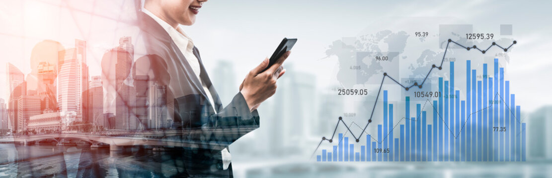 A business professional engages with financial data on a smartphone amidst visual representations of charts and an urban skyline, illustrating modern finance trends. Scalp - Powered by Adobe