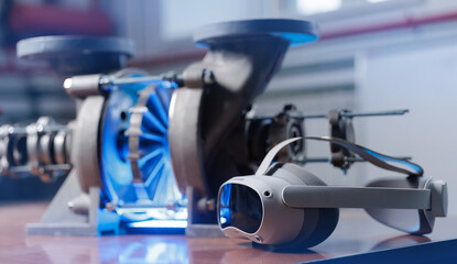 Virtual reality headset with industrial machinery pump mechanism with turbine in modern technology...
