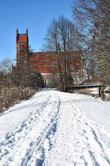 Collegiate Basilica in winter in Dobre Miasto, Warmia, Poland