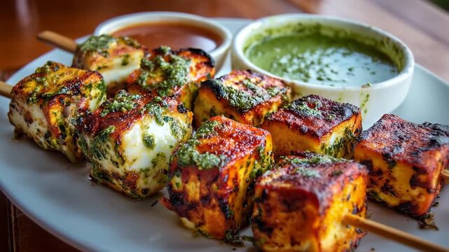 Delicious Grilled Paneer Tikka Skewers with Mint Chutney, Delicious grilled paneer tikka skewers with a vibrant green mint chutney, elegantly arranged on a serving platter