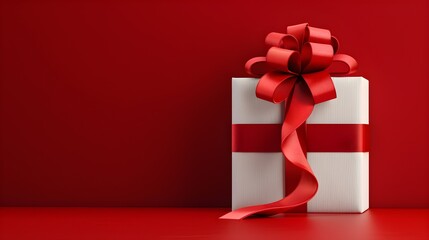 Gift box with red ribbon studio shot festive celebration isolated on red background Wrapped present elegant red bow holiday surprise clean backdrop commercial use White gift box luxurious red sat