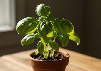 Small basil plant with bright green leaves in natural light 