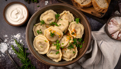 Dumplings cuisine food photography kitchen table warm light traditional cozy delicious plate closeup overhead pasta herbs meal generative AI