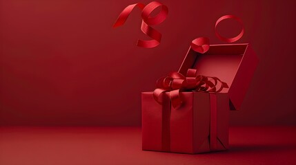 Red gift box with ribbon close-up festive surprise studio shot isolated concept Open red gift box elegant ribbon bow surprise reveal celebratory mood plain background Festive red present open li