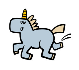 Cartoon unicorn jumps and dances. Vector illustration of a funny fabulous animal with a horn. hooves, mane and tail. Cute mythological creature in a child  drawing.