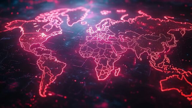 Illuminated World Map: An abstract, glowing world map bathed in vibrant pink hues, against a backdrop of complex, interconnected data networks.