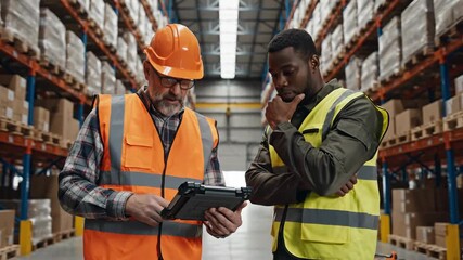 Warehouse workers with tablet checking inventory logistics