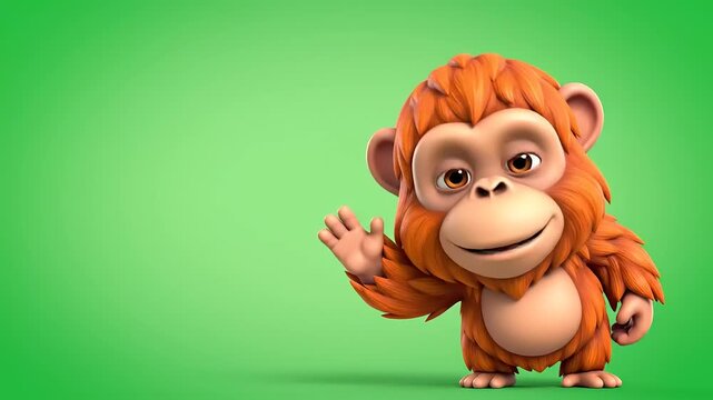 3D Cartoon Orangutan Waving Hand Greeting on Green Background