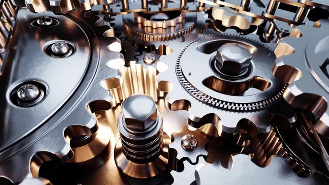 Metallic gears and cogs interlock and rotate, showcasing industrial mechanics in motion