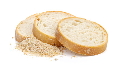 Bread crumbs white isolated background food crust scattered mess texture detail small pieces breakfast bakery grain ingredient dry minimal generative AI