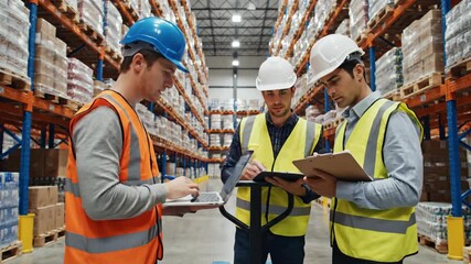 Warehouse workers reviewing inventory data on laptop and clipboard - Powered by Adobe