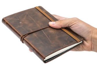 hand holding Leather Journal Notebook Cover isolated on a transparent background.