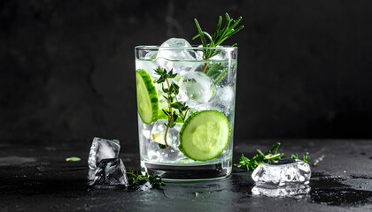 Glass tumbler ice cubes fresh herbs rosemary thyme cucumber slices cold beverage refreshing drink mocktail mineral water tonic garnish generative AI