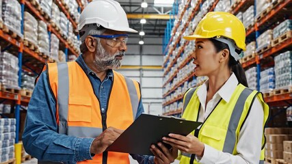 Warehouse workers reviewing inventory in storage aisles - Powered by Adobe