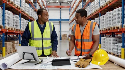 Warehouse workers reviewing plans and inventory for logistics and distribution