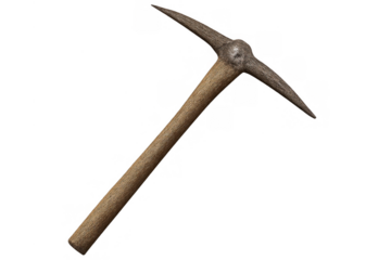 Pickaxe with weathered wooden handle and rusty metal head for mining, excavation, and construction work, transparent background