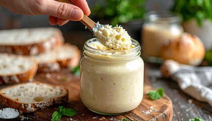 Hand feeding sourdough starter glass jar rubber spatula sticky dough fermentation yeast bread organic culinary flour kitchen probiotic generative AI