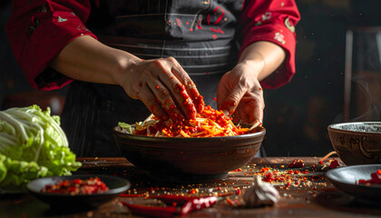Person hands rubbing napa cabbage red chili paste kimchi making fermentation korean food process cooking fresh vegetables spicy kitchen traditional generative AI