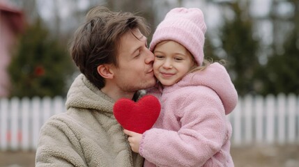 Father and daughter in a romantic embrace. the father is kissing the daughter on the cheek while she is holding a red heart in her hand. the daughter is wearing a pink knitted hat and a pink coat.