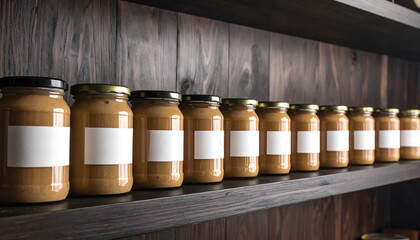 Pantry jars minimalist labels flour sugar pasta wooden shelf kitchen organization storage containers interior design home decor aesthetic orderly tidy generative AI