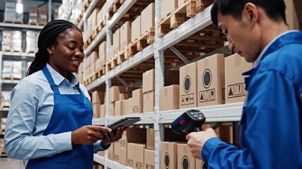 Warehouse workers scan packages using digital tablet and barcode scanner