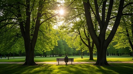 Serene park bench in sunlit grove