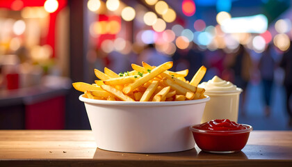 French fries white tray mayonnaise ketchup snack street food stall fries takeaway fast food stall salty potato delicious crispy generative AI