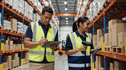 Warehouse workers scanning inventory and managing stock with technology