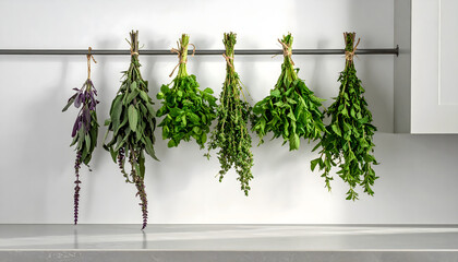 Herbs bundles sage mint drying hanging modern kitchen rack herbs culinary organic aromatherapy decoration fresh aromatic greenery interior botanical harvest home generative AI