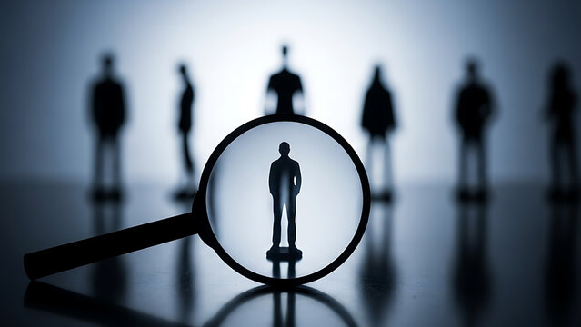 Magnifying glass focusing on a single person silhouette, recruitment concept