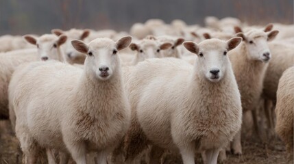 Obraz premium Group of white sheep standing in a field. the sheep are facing the camera and appear to be looking directly at the camera.