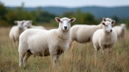 Obraz premium Group of white sheep standing in a field of tall grass. the sheep are facing the camera and appear to be looking directly at the camera.
