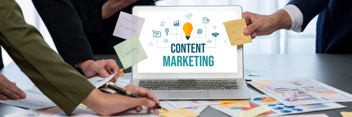 Analyst team use sticky note for creative and analytic brainstorm for business idea with BI data dashboard on laptop screen. Analysis financial data visualization tech for marketing strategy. Prodigy