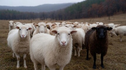 Obraz premium Group of sheep standing in a field. there are around 20 sheep in total, with some standing close together and others facing the camera.
