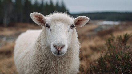 Obraz premium Close-up of a white sheep standing in a field. the sheep is facing the camera and is looking directly at the camera with a curious expression.
