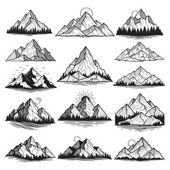 A comprehensive set of hand-drawn mountain range designs, depicting rugged peaks, forests, and nature scenes, ideal for adventure logos and wilderness branding
