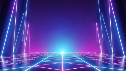 Futuristic neon grid stage with glowing lines and vibrant light, cyber background