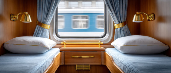 Interior view of a vintage train compartment with two single beds, blue curtains, wooden paneling, and a window showing a passing train outside