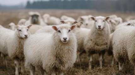 Fototapeta premium Group of white sheep standing in a field. the sheep are facing the camera and appear to be looking directly at the camera. the field is covered in dry grass and there are trees in the background.