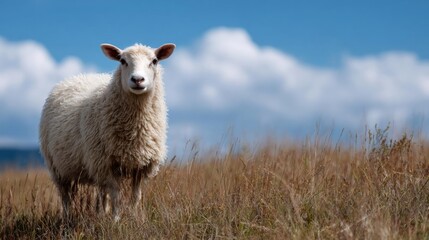 Obraz premium Photograph of a sheep standing in a field of tall grass. the sheep is facing the camera and is looking directly at the camera with a serious expression.