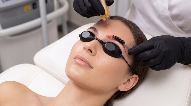 A woman undergoing laser hair removal treatment on her eyebrow in a medical spa