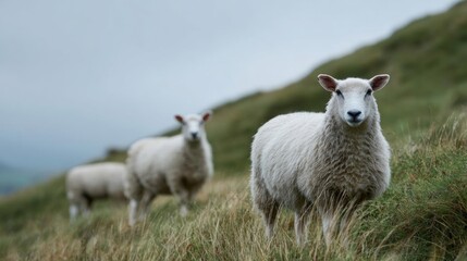 Obraz premium Two white sheep standing on a grassy hillside. the sheep are facing the camera and appear to be looking directly at the camera.