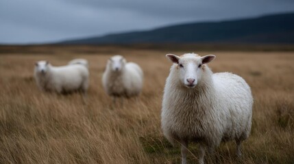 Fototapeta premium Three white sheep standing in a field of tall, dry grass. the sheep are facing the camera and appear to be looking directly at the camera. in the background, there are mountains and a cloudy sky.