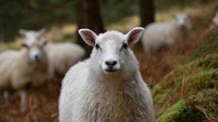 Fototapeta premium Close-up of a white sheep standing in a wooded area. the sheep is looking directly at the camera with a curious expression on its face.