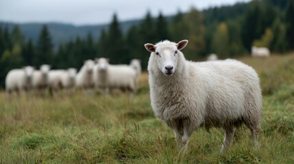 Obraz premium White sheep standing in a grassy field with a herd of other sheep in the background. the sheep is facing the camera and appears to be looking directly at the camera.