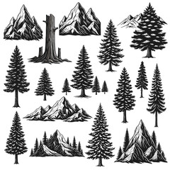 Detailed Engraving Style Vector Bundle Majestic Mountains, Towering Pine Trees, and Natural Forest Elements, Ideal for Wilderness Themed Art