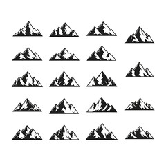 Collection of stylized mountain peak silhouettes, perfect for outdoor adventure logos, travel branding, and nature-themed graphic design projects, featuring diverse shapes and rugged landscapes