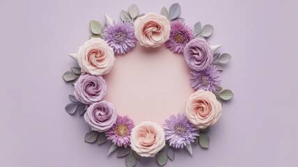 Beautiful floral wreath with roses and daisy on purple background